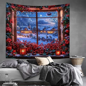 Detailed view of Christmas tapestry with snowy village and berries in a bedroom setting