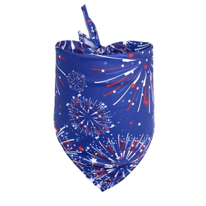 Detail of blue Independence Day dog bandana with red and white fireworks pattern print