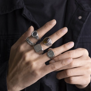 Vintage Alloy Tiger Eye Stone Rings For Men Retro Geometric Relief Signet Fashion Jewelry Individual Hand Accessories