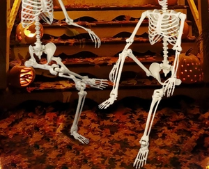 Poseable life-size skeletons sitting on porch stairs with glowing pumpkins at night