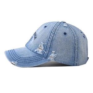Unisex washed denim baseball cap with distressed holes and California print
