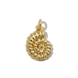 Detailed macro view of gold conch snail pendant with intricate spiral texture and shine