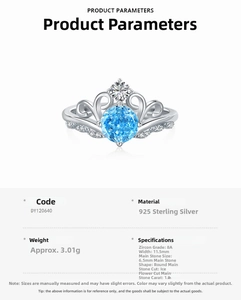 Detailed product parameters of crown-shaped S925 silver ring with 1ct blue zircon