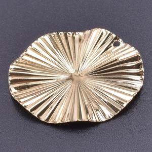 Detailed view of gold irregular round pendant with pleated texture and 18k plating