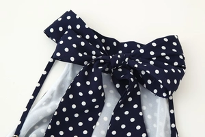 Detail of the elegant white polka dot patterns and stylish bow-knot tie on navy blue fabric