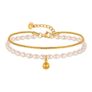 Double-layer gold stainless steel bracelet with white pearls and round gold pendant charm