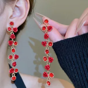 Elegant silver needle red rose tassel earrings with sparkling rhinestones for women