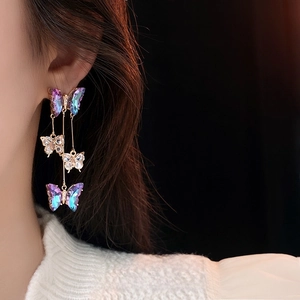 Butterfly Tassel Dangle Earrings With Zircon And 925 Sterling Silver Earring Post Long Gradient Purple Blue Elegant Women