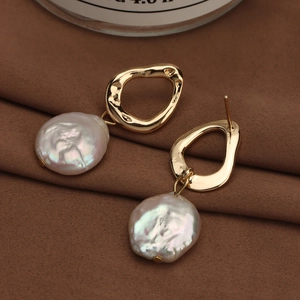 Baroque button freshwater pearl earrings with gold metal rings and 925 silver needles