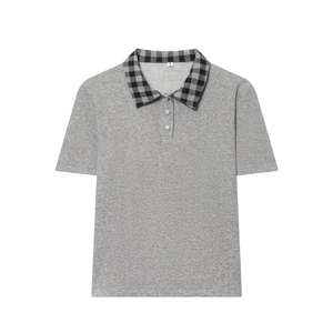Chic short-sleeved grey knit top with plaid collar and rhinestone button detailing