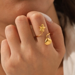 Starfish Shell Open Ring 18K Gold Plated Stainless Steel Adjustable Ocean Summer Beach Jewelry For Women Hypoallergenic