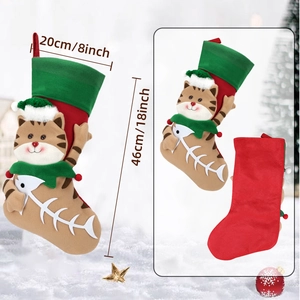 Cartoon plush cat Christmas stocking 18 inch festive red and green candy gift bag