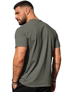 Back view of men's grey crew neck cotton t-shirt showing fit and fabric texture