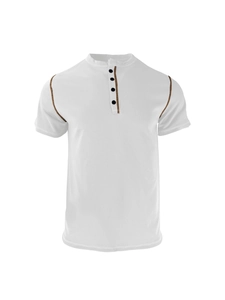 Detail of white Henley shirt featuring a four-button placket and brown contrast stitching
