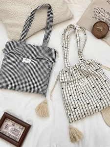Gingham Tote Bag Heart Stripe Pattern Drawstring Cloth Shoulder Bag With Tassels Kawaii Sweet Style For Women