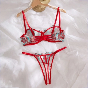 Detail of red and blue floral embroidery on sheer lace lingerie set with thin straps
