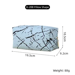 Blue marble PU makeup bag with pillow shape, dimensions 19.5x9.2x10.5cm and silver zipper
