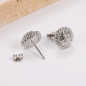 Classic silver round stud earrings with sparkling crystals shown from front and back view