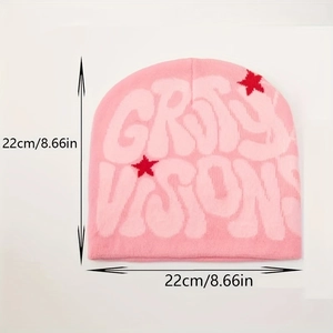 Pink GRVTY VISONS knitted beanie with stars and jacquard lettering in square shape