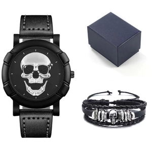 Men's hip hop watch set with skull dial, woven leather bracelet and premium gift box
