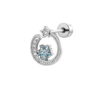 Silver crescent moon ring earring with light blue star zircon on white background