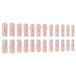 Pink floral French fake nails with 3D bows and white tips on minimalist press-on nail set