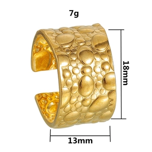 Golden textured geometric stainless steel wide open ring with hammered finish detail
