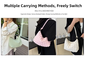 Detailed bubble textured pleated cloud bag featuring metal rings in mint, pink, and ivory