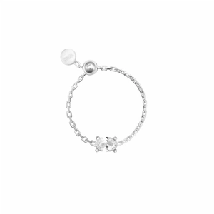 Detail of S925 sterling silver adjustable chain ring with clear cubic zirconia stone