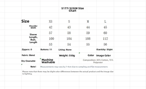 Size chart and fabric specifications for long-sleeved casual denim jacket for women
