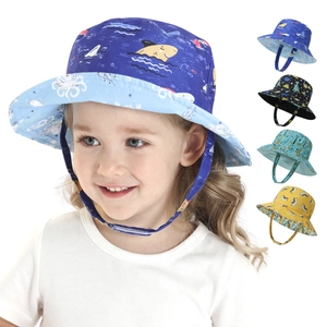 Chapeau Bob Réversible Enfants Polyester Protection Solaire Imprimé Dessin Animé Sangle Coupe-Vent Réglable Pour Bébé Été Extérieur