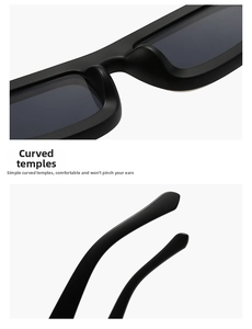 Detail of curved temples on black rectangular sunglasses for comfortable non-slip wear