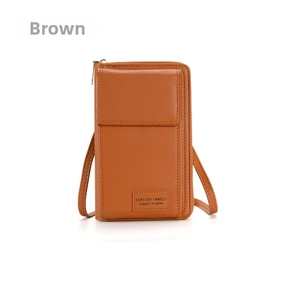 Detail of brown litchi pattern leather crossbody phone bag with brand embossed logo