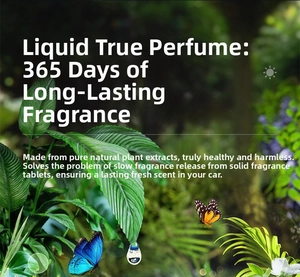 Detail of liquid car perfume pendant with plant extracts in a forest setting
