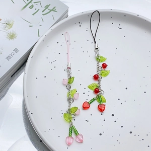 Handmade cherry glass beaded phone strap with cute red and pink heart charms