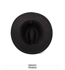 Interior view of black fedora hat showing size 57 label and sweatband detail