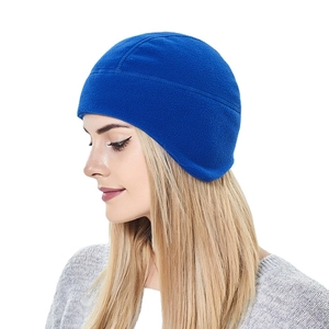 Blue fleece cycling cap for winter outdoor sports shown from a side profile view