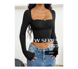 Detail of the square neck and ruched chest design on a black long sleeve crop top
