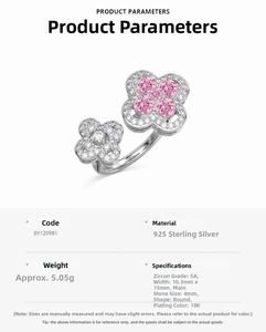 Macro view of S925 silver double flower ring with pink zircons and pave setting