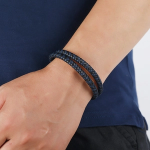 Bracciale da uomo a doppio giro in pelle intrecciata blu navy con chiusura magnetica