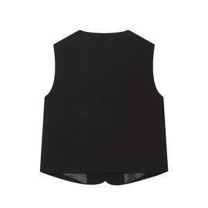 Back view of a classic black tailored vest with sleek woven fabric for women