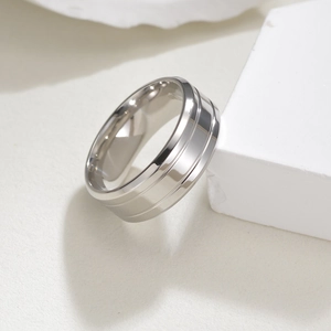 Minimalist silver stainless steel men's ring with parallel grooves on geometric stones