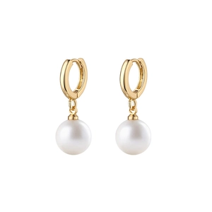 French retro 18K gold plated titanium steel hoop earrings with round white pearl pendants