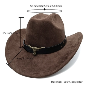 Brown faux suede western cowboy hat with black leather belt and metal bull head emblem