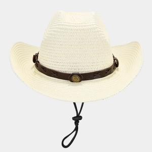 Close-up of beige straw cowboy hat with brown leather band and metal buckle detail