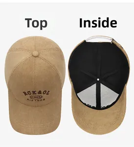Detailed views of corduroy baseball cap showing top embroidery and inner lining structure