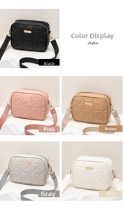 Detailed grid showing five color options of quilted crossbody camera bags with gold hardware