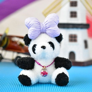 Cute panda plush toy charm featuring a purple bow and pink sequin necklace detail