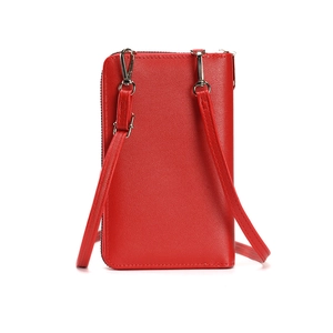 Versatile red PU leather crossbody phone bag with adjustable strap on white background