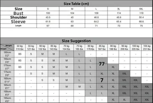 Detailed size chart for men's knit sweater including chest, shoulder, and sleeve measurements